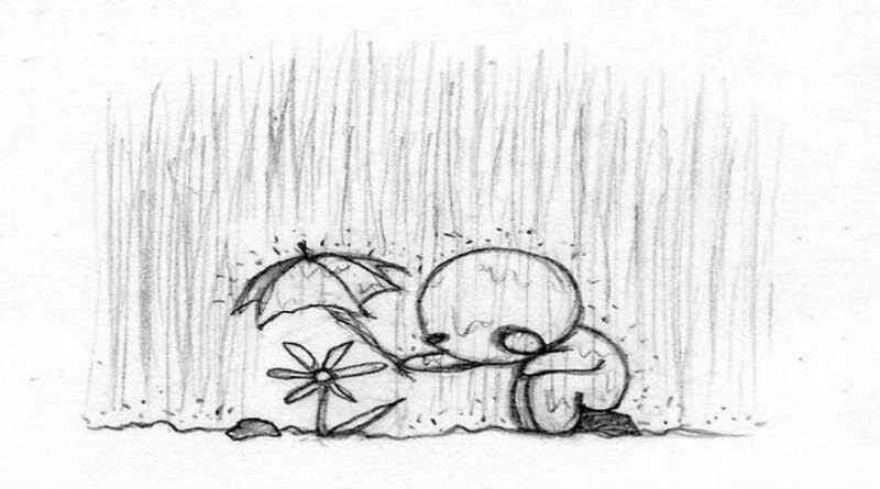desenho de um homem protegendo uma flor da chuva