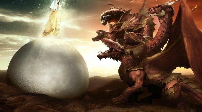 mulher sobre um globo diante de um dragão de várias cabeças